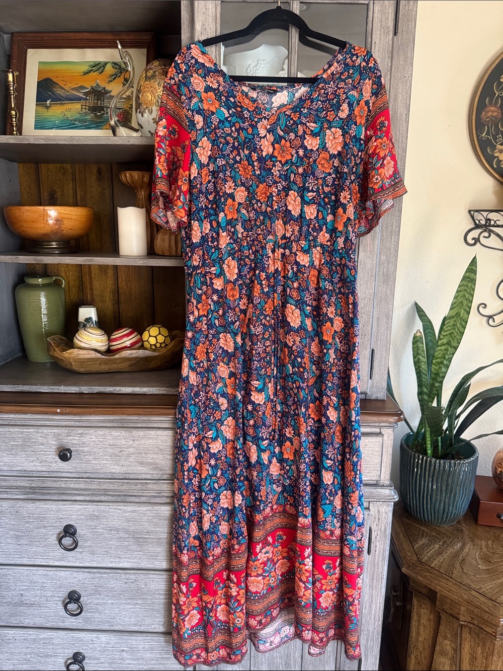 Boho Floral Maxi Dress in Navy and Coral